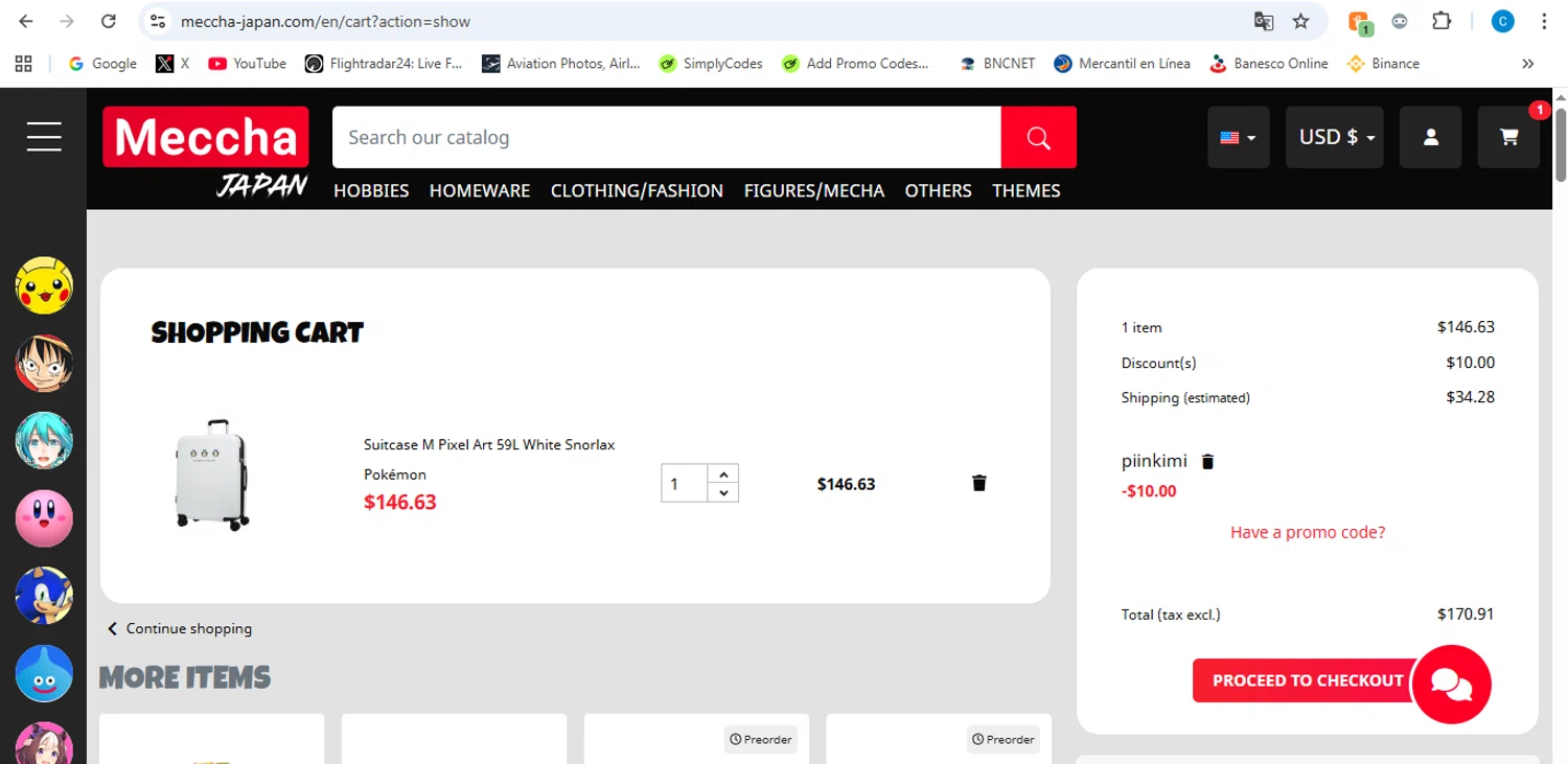 Meccha-Japan promo code screenshot showing code PIINK2026 applied at Meccha-Japan checkout page. Uploaded by SimplyCodes community member victor on Jan 8, 2026