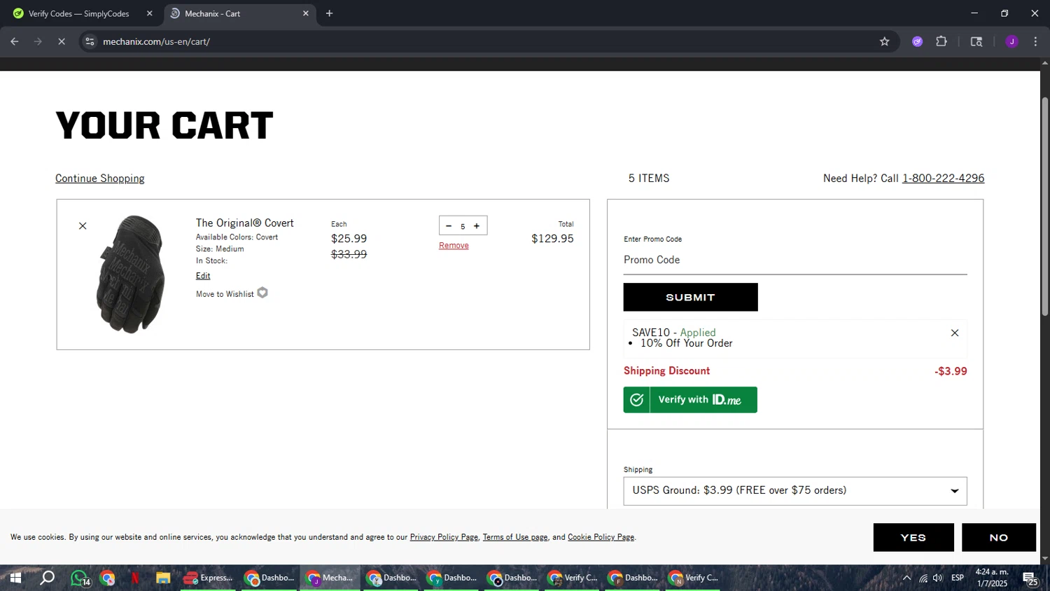 Mechanix Wear promo code screenshot showing code SAVE10 applied at Mechanix Wear checkout page. Uploaded by SimplyCodes community member ComeBurra123 on Jul 1, 2025