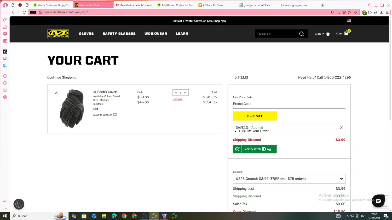 Mechanix Wear promo code screenshot showing code SAVE10 applied at Mechanix Wear checkout page. Uploaded by SimplyCodes community member JEUGENIO on Jan 13, 2026