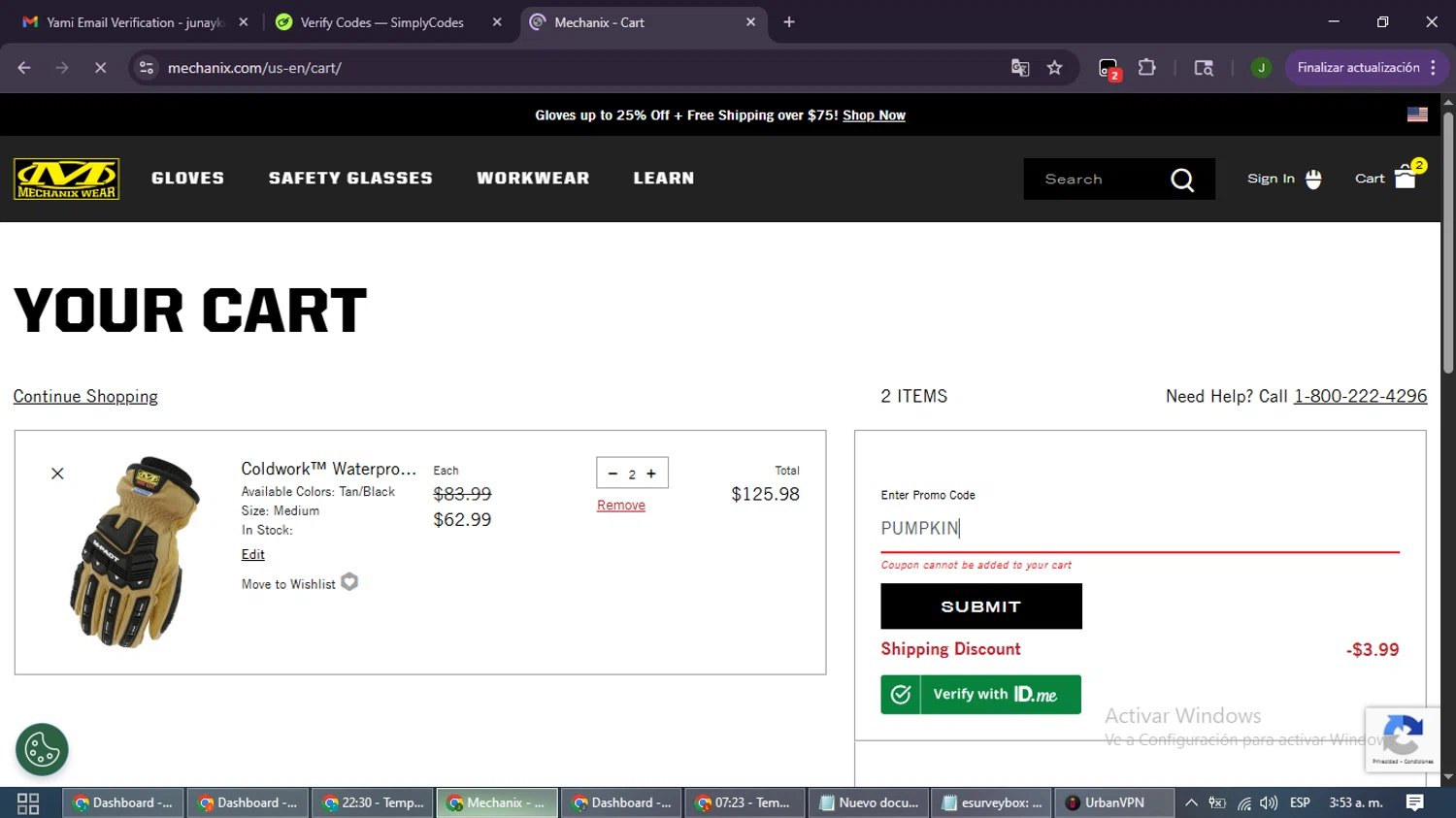 Mechanix Wear promo code screenshot showing code PUMPKIN applied at Mechanix Wear checkout page. Uploaded by SimplyCodes community member SmartLion6646 on Nov 17, 2025