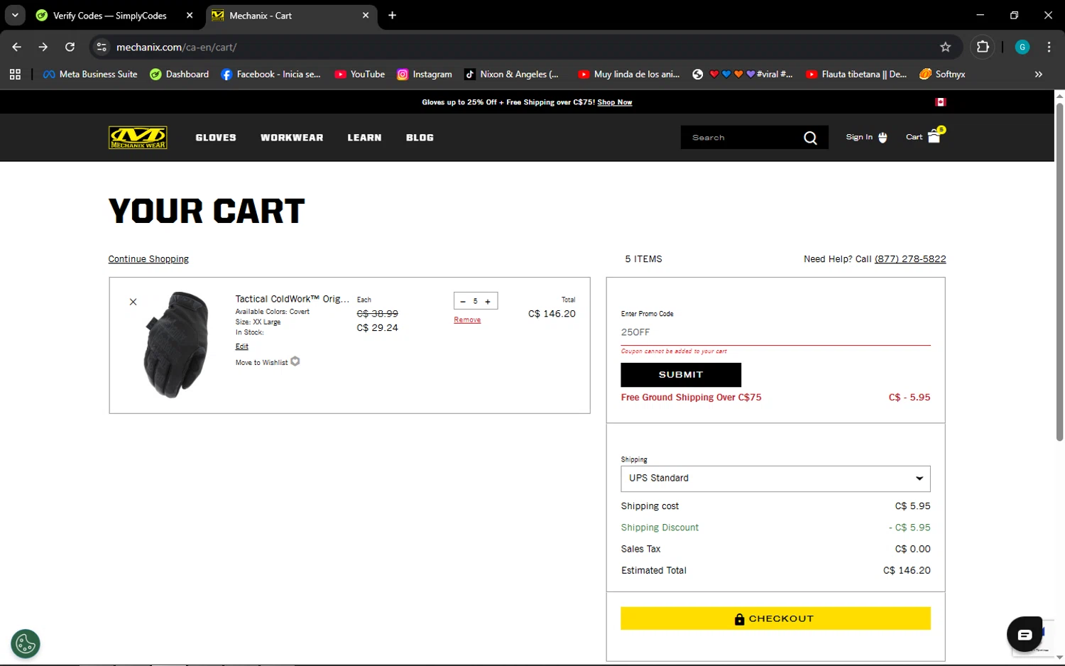 Mechanix Wear promo code screenshot showing code 25OFF applied at Mechanix Wear checkout page. Uploaded by SimplyCodes community member ELROJO on Nov 17, 2025