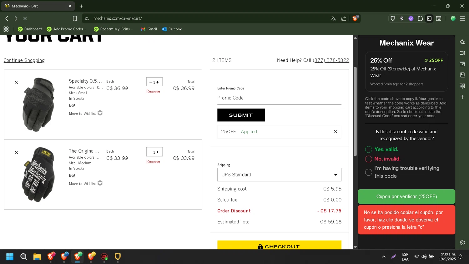 Mechanix Wear checkout page showing Mechanix Wear promo code box | Screenshot taken by SimplyCodes community member on Sep 19, 2025