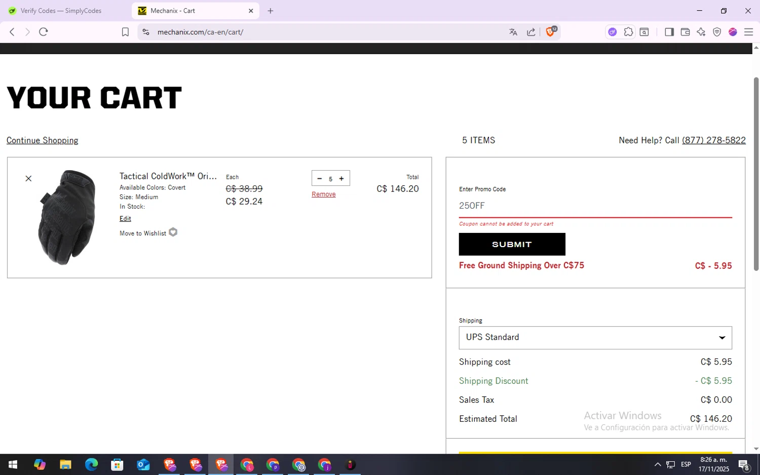 Mechanix Wear promo code screenshot showing code 25OFF applied at Mechanix Wear checkout page. Uploaded by SimplyCodes community member VoucherSpotter6910 on Nov 17, 2025