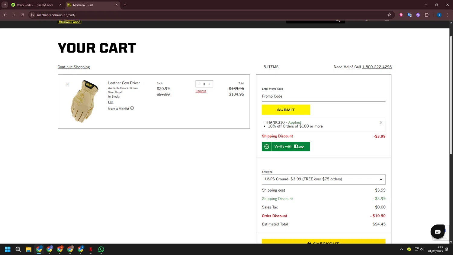 Mechanix Wear promo code screenshot showing code THANKS10 applied at Mechanix Wear checkout page. Uploaded by SimplyCodes community member CashLegend3767 on Jul 1, 2025