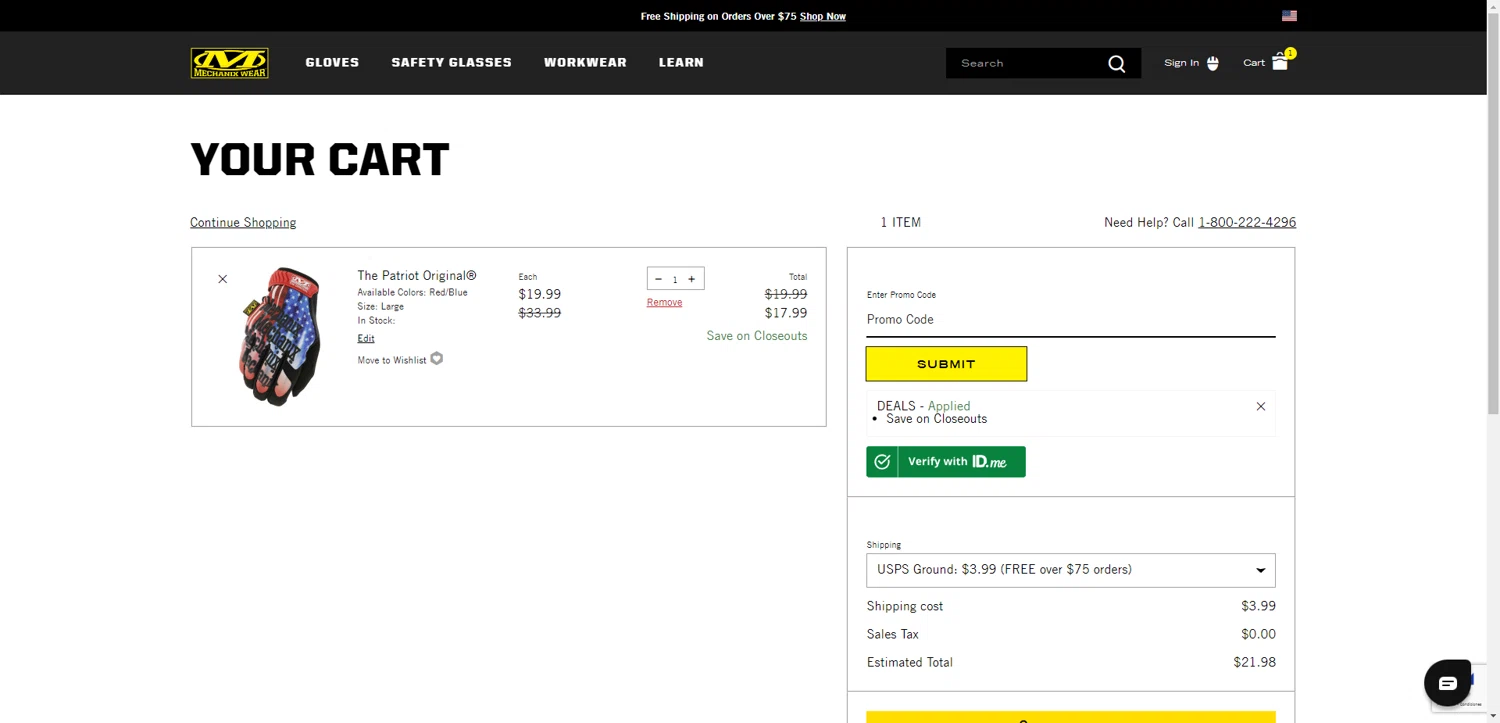 Mechanix Wear checkout page showing Mechanix Wear promo code box | Screenshot taken by SimplyCodes community member on Aug 23, 2025
