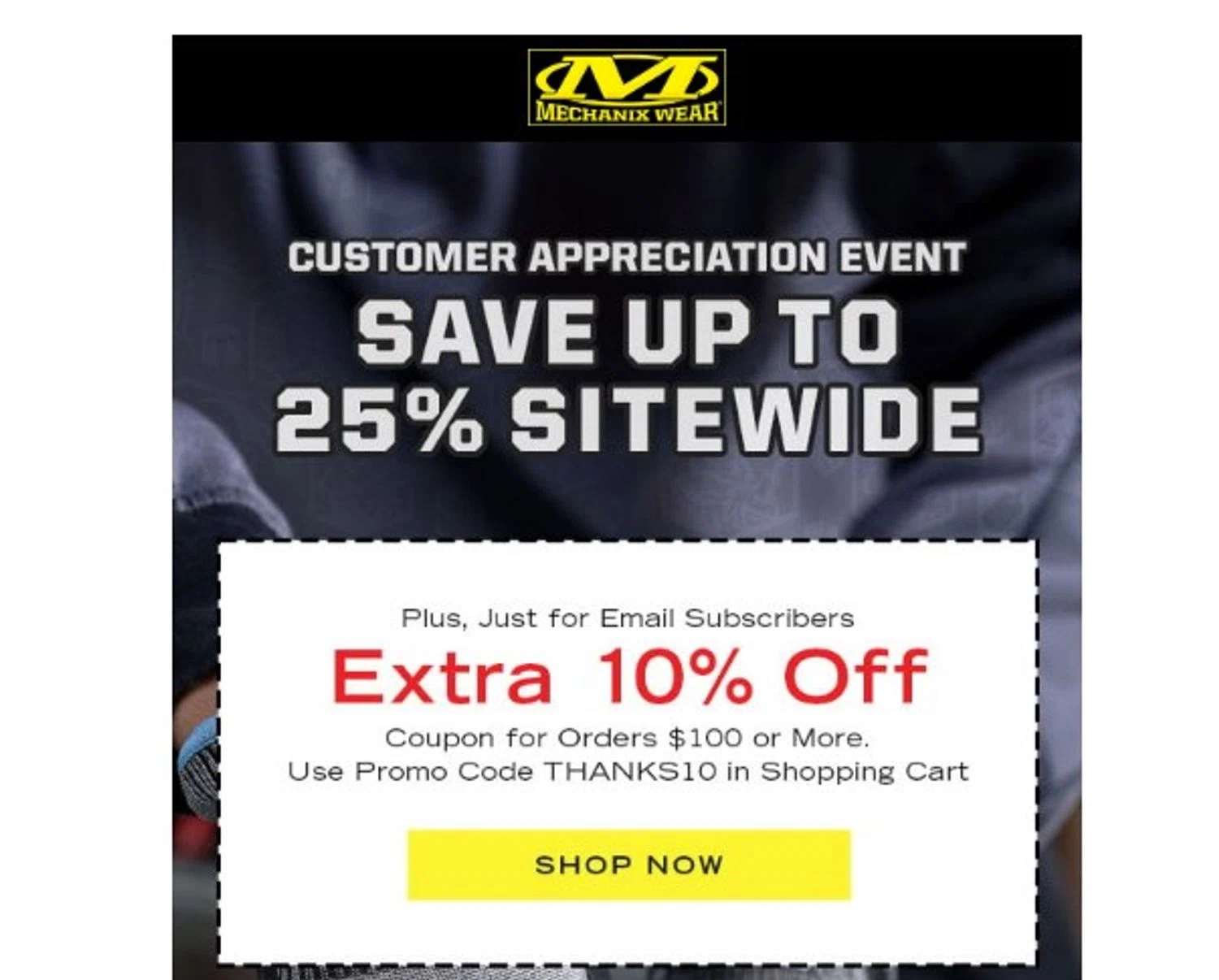 Mechanix Wear promo code screenshot showing code THANKS10 applied at Mechanix Wear checkout page. Uploaded by SimplyCodes community member yennifergonzalez on Jun 17, 2025