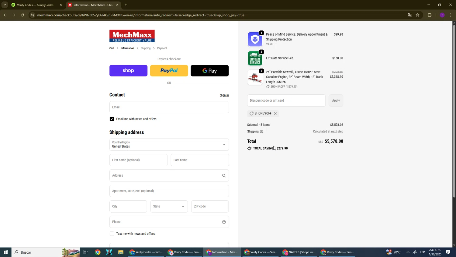 MechMaxx discount code screenshot showing code Shon5%OFF applied at MechMaxx checkout page. Uploaded by SimplyCodes community member El_mynor on Oct 1, 2025