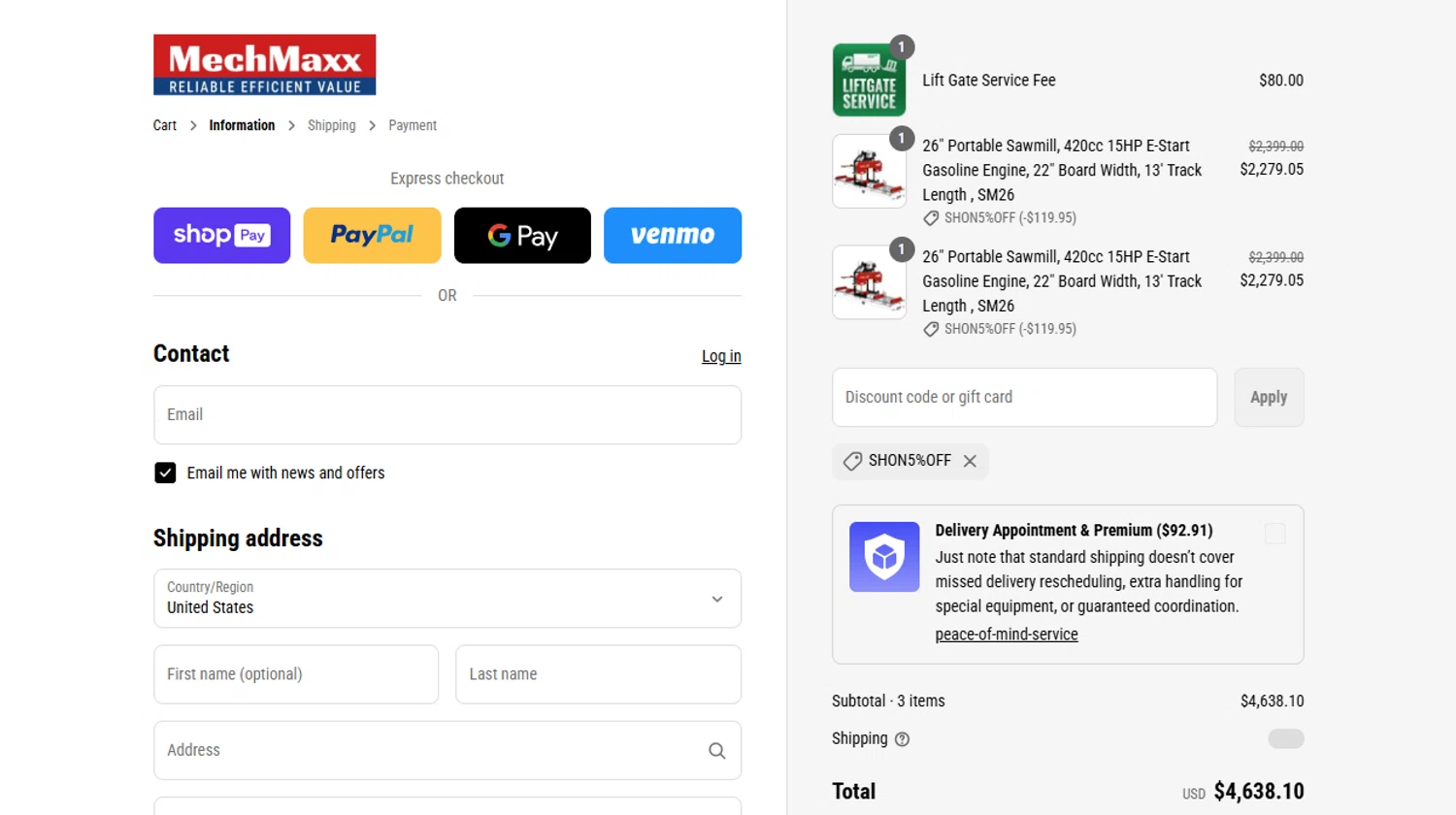 MechMaxx discount code screenshot showing code Shon5%OFF applied at MechMaxx checkout page. Uploaded by SimplyCodes community member QuestNavigator1687 on Aug 24, 2025