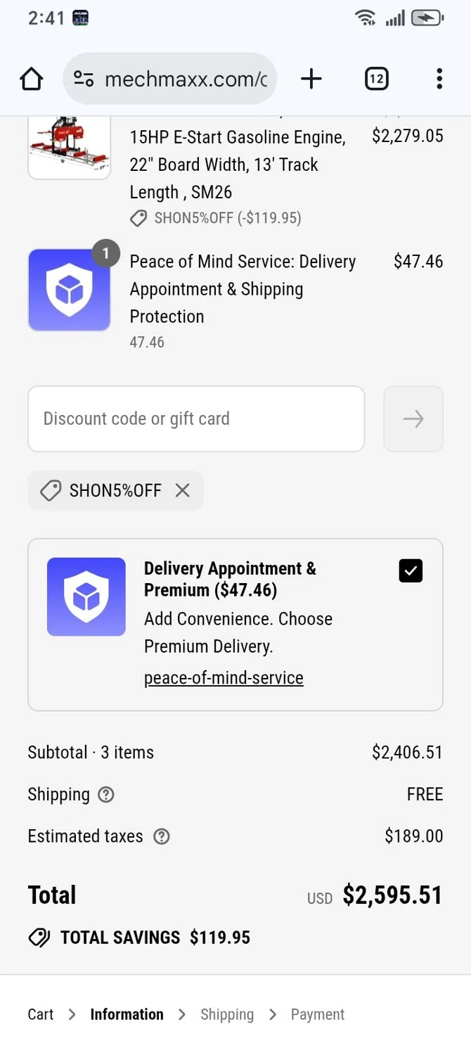 MechMaxx discount code screenshot showing code Shon5%OFF applied at MechMaxx checkout page. Uploaded by SimplyCodes community member franksanchez on Aug 24, 2025