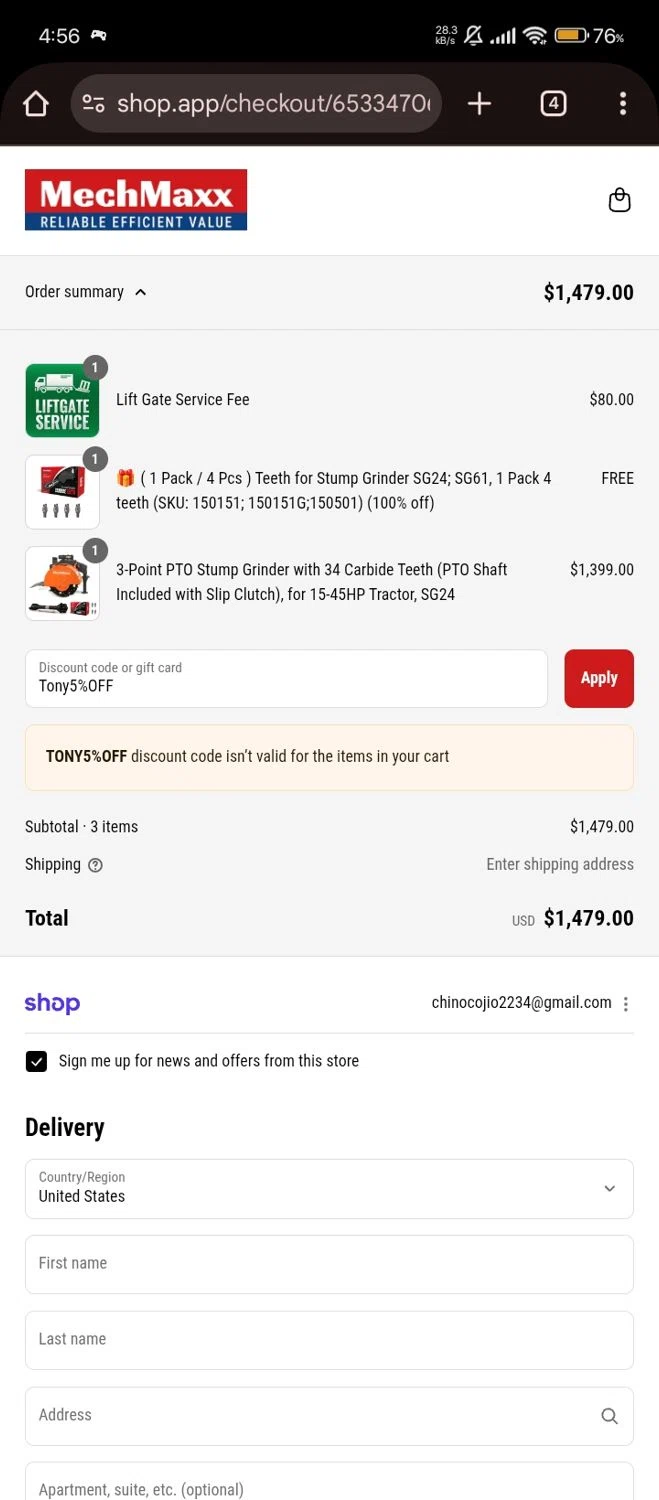 MechMaxx discount code screenshot showing code Tony5%OFF applied at MechMaxx checkout page. Uploaded by SimplyCodes community member Jutdcv on Sep 10, 2025