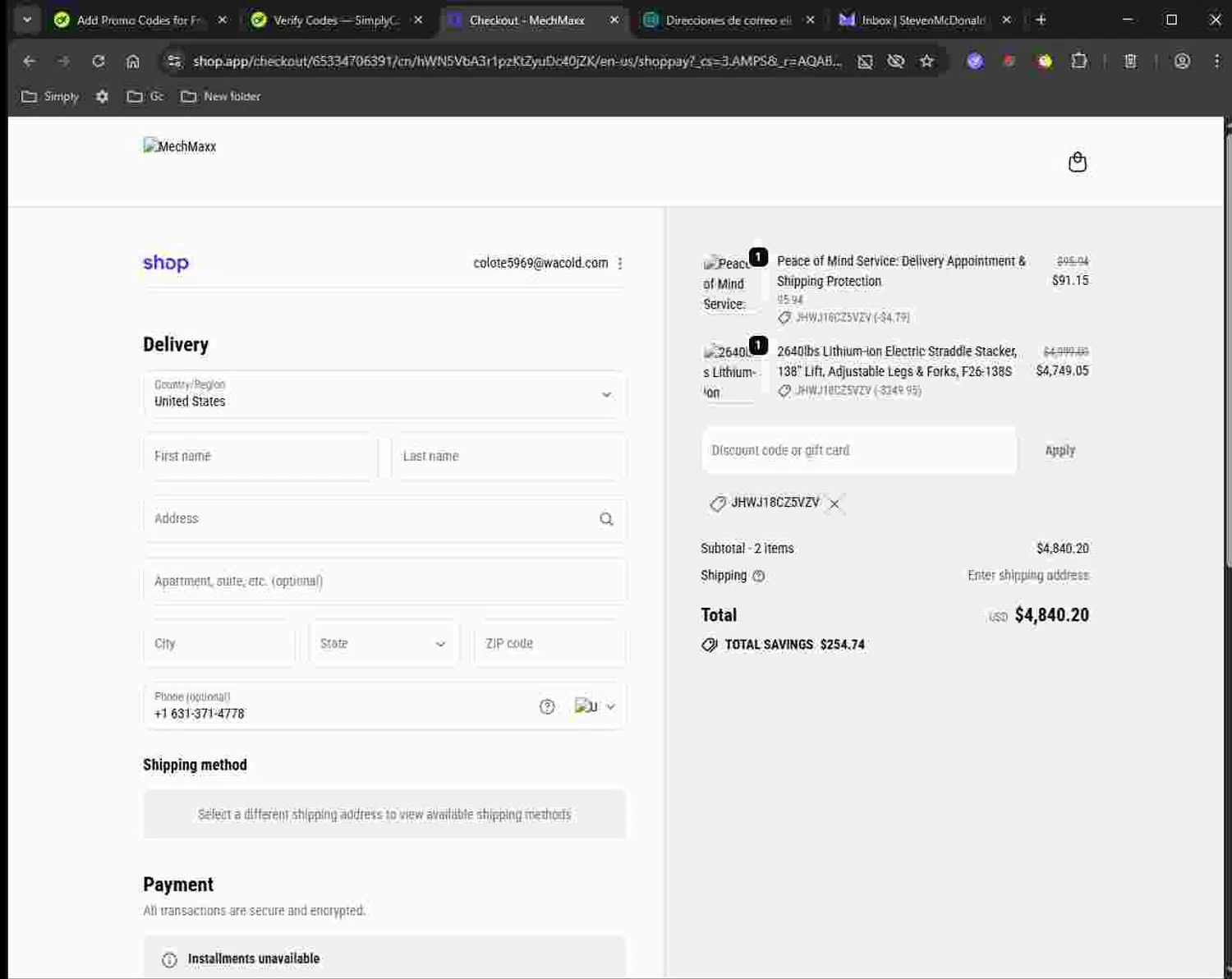 MechMaxx discount code screenshot showing code JHWJ18CZ5VZV applied at MechMaxx checkout page. Uploaded by SimplyCodes community member Deadpool on Nov 20, 2025