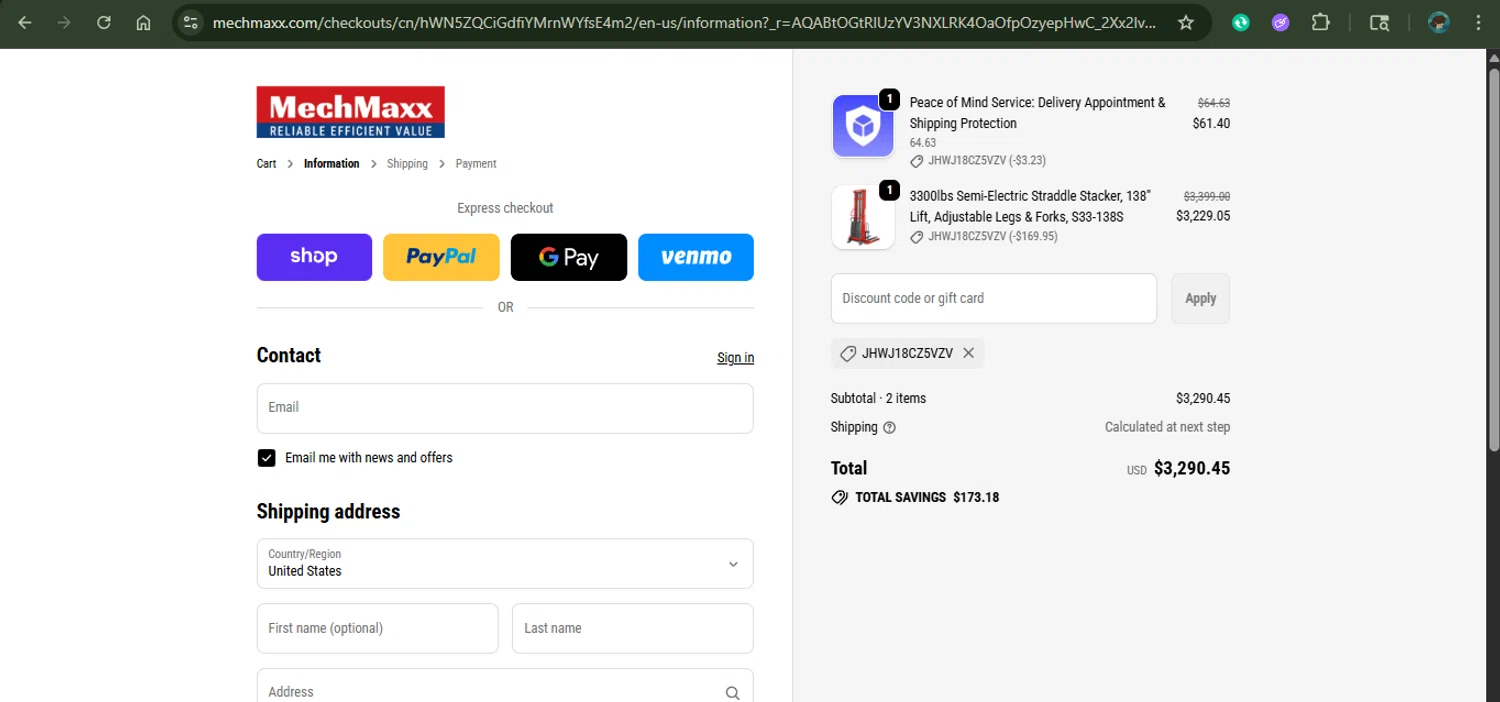 MechMaxx discount code screenshot showing code JHWJ18CZ5VZV applied at MechMaxx checkout page. Uploaded by SimplyCodes community member xAngel on Nov 22, 2025