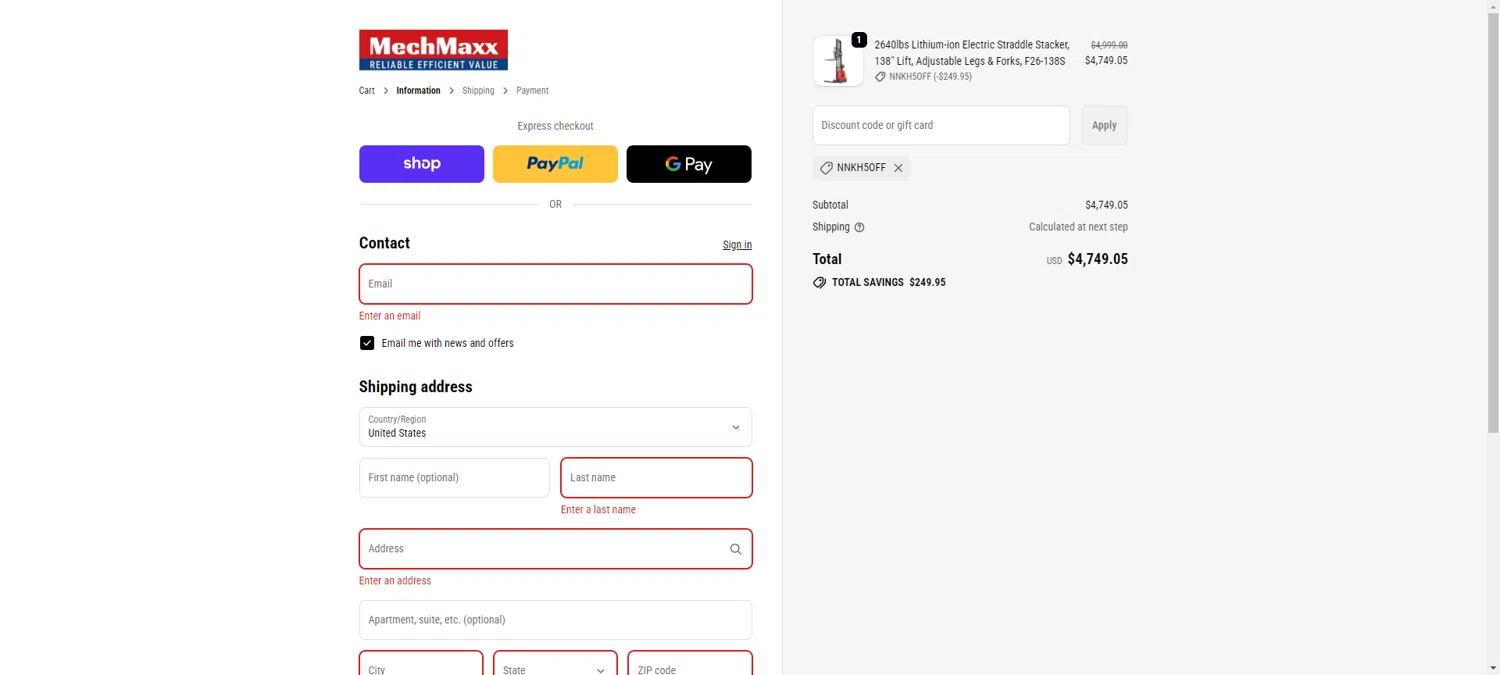 MechMaxx discount code screenshot showing code NNKH5OFF applied at MechMaxx checkout page. Uploaded by SimplyCodes community member ScanRanger3503 on Dec 2, 2025