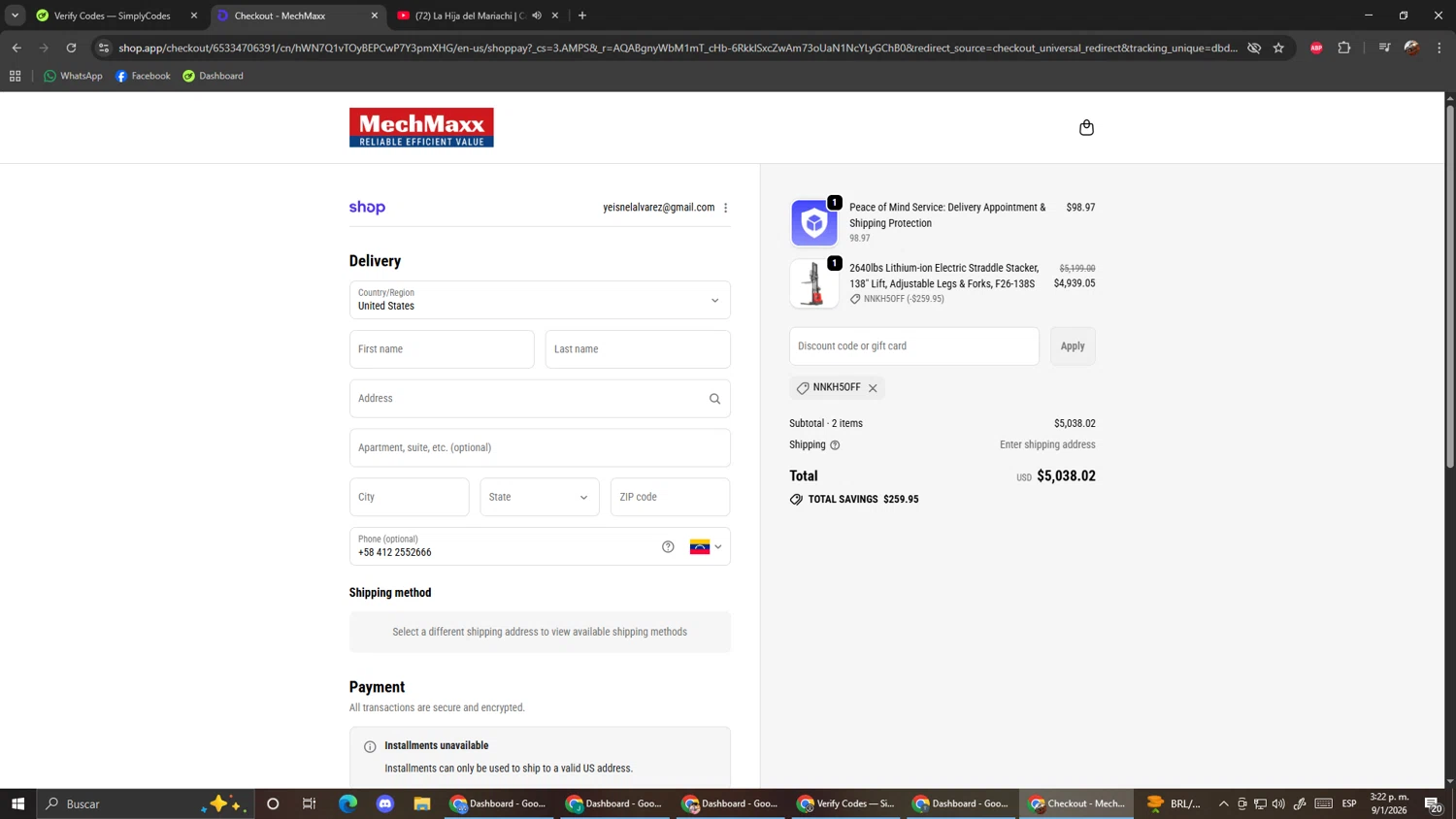 MechMaxx discount code screenshot showing code NNKH5OFF applied at MechMaxx checkout page. Uploaded by SimplyCodes community member ScanShopper554 on Jan 9, 2026