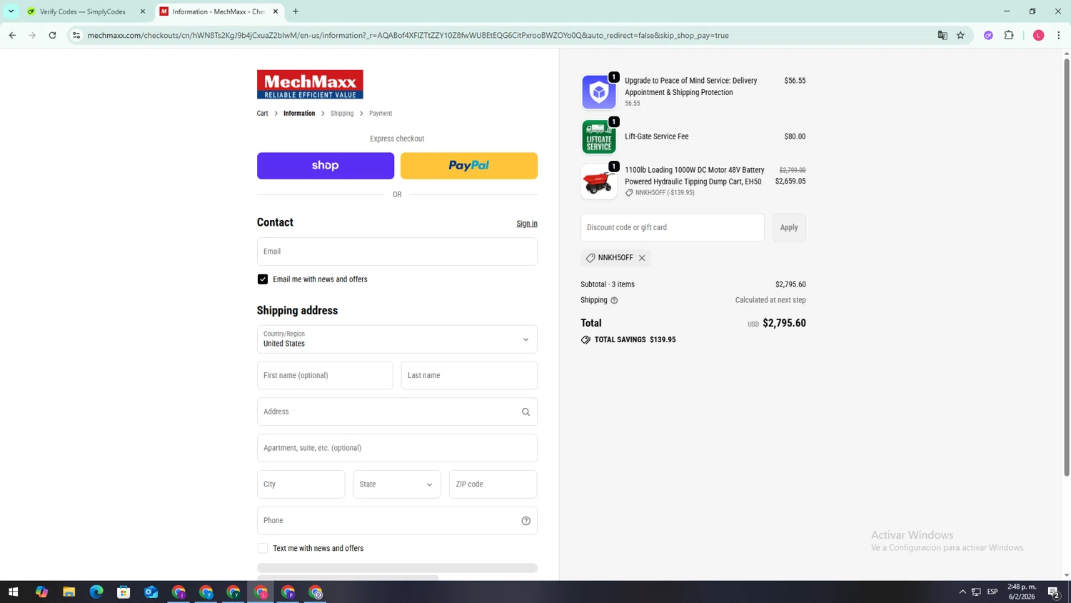 MechMaxx checkout page showing MechMaxx discount code box | Screenshot taken by SimplyCodes community member on Feb 6, 2026
