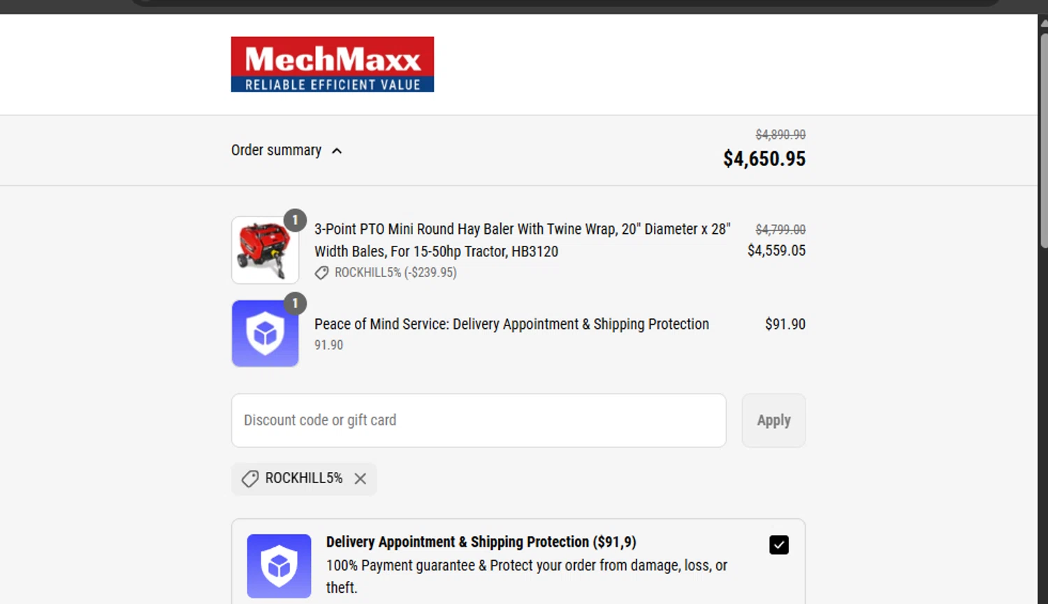 MechMaxx discount code screenshot showing code Rockhill5% applied at MechMaxx checkout page. Uploaded by SimplyCodes community member ashe1986 on Jul 8, 2025