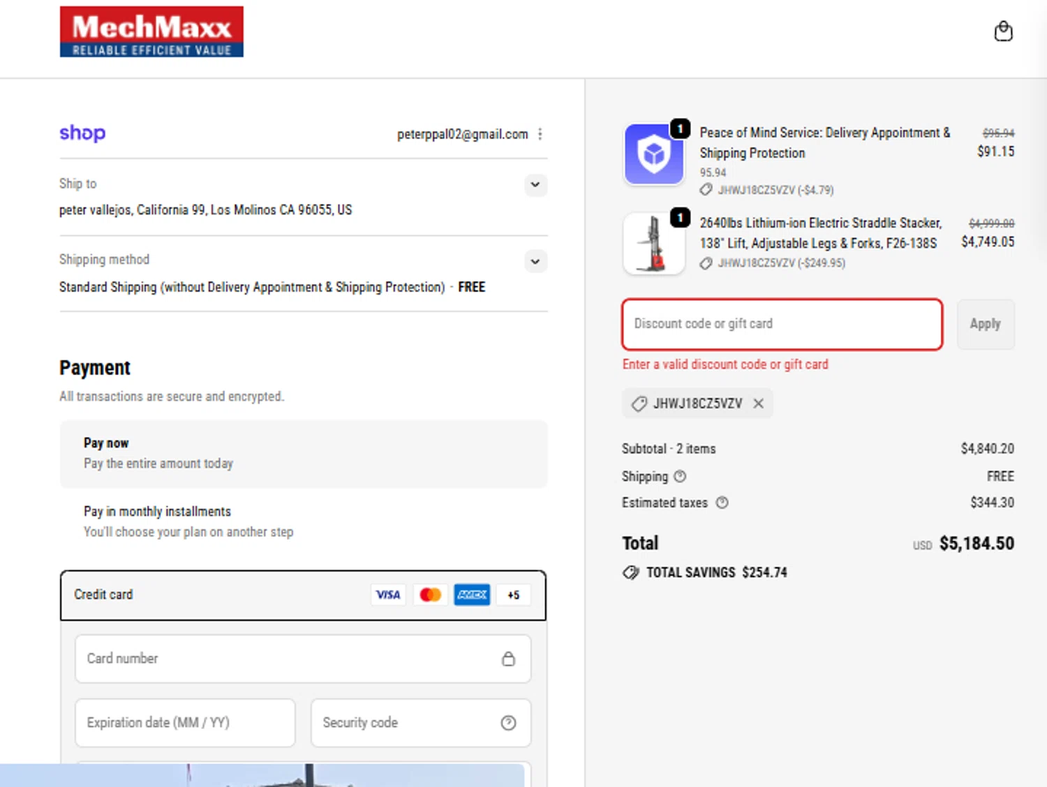 MechMaxx discount code screenshot showing code JHWJ18CZ5VZV applied at MechMaxx checkout page. Uploaded by SimplyCodes community member ricardoramirez1 on Nov 20, 2025