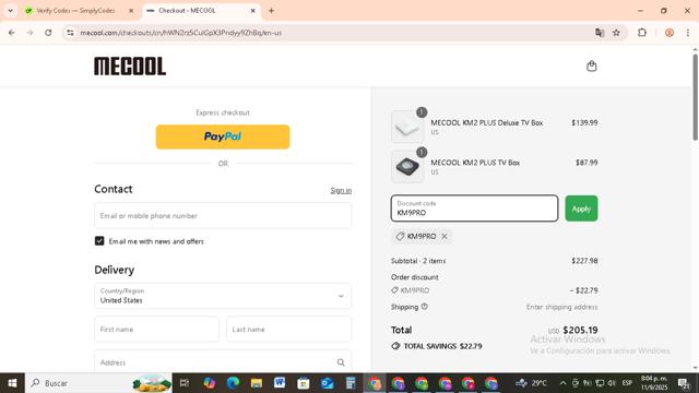 Mecool checkout page showing Mecool discount code box | Screenshot taken by SimplyCodes community member on Sep 12, 2025