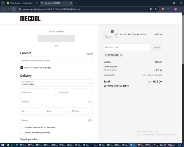 Mecool checkout page showing Mecool discount code box | Screenshot taken by SimplyCodes community member on Sep 12, 2025
