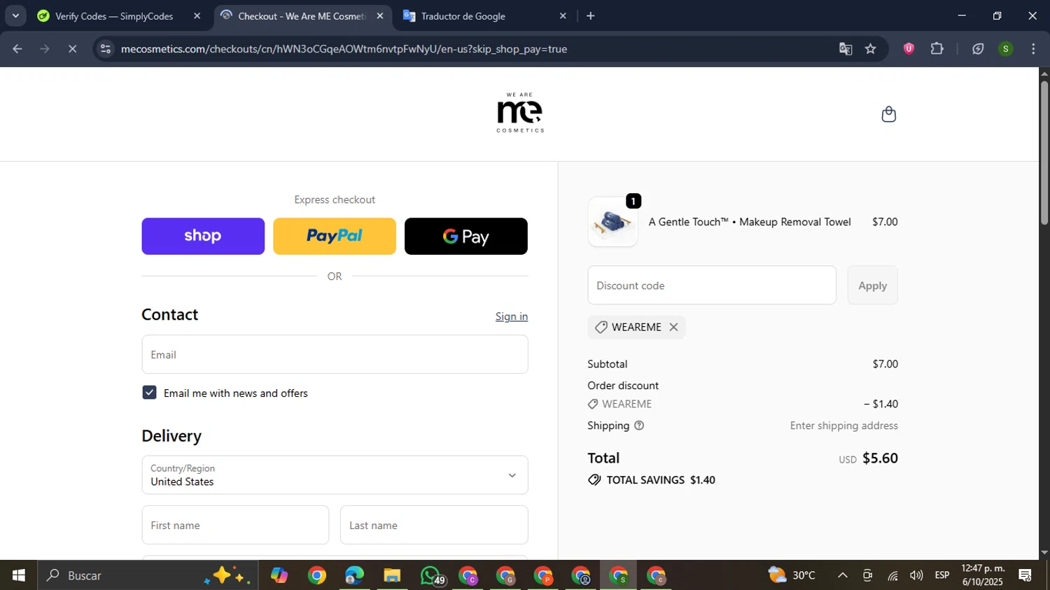 ME Cosmetics promo code screenshot showing code WEAREME applied at ME Cosmetics checkout page. Uploaded by SimplyCodes community member RewardMaverick445 on Oct 6, 2025