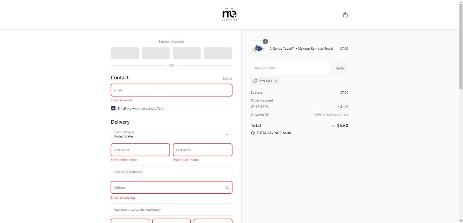 ME Cosmetics promo code screenshot showing code BBYETTO applied at ME Cosmetics checkout page. Uploaded by SimplyCodes community member CrownTiger6508 on Aug 12, 2025