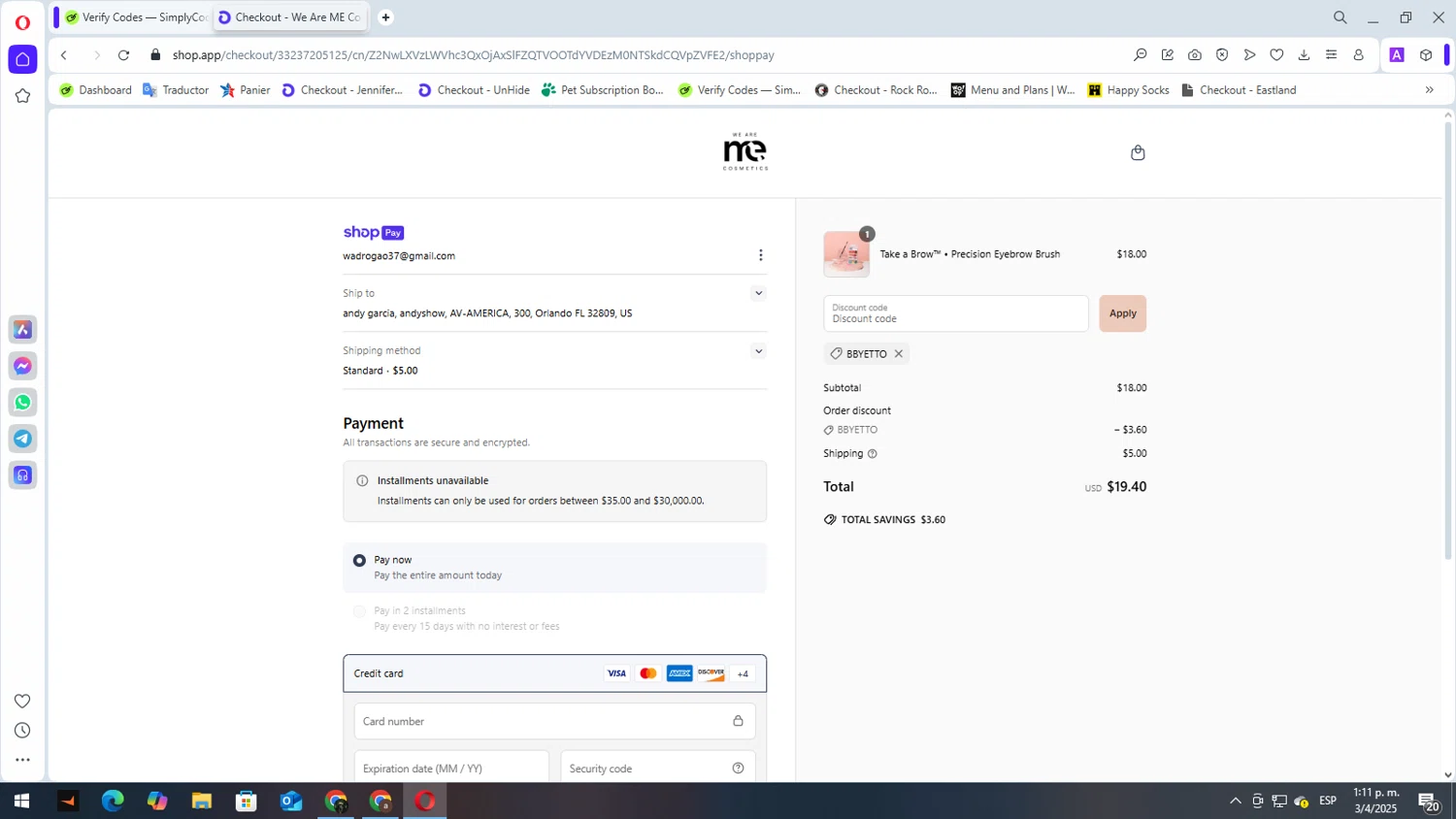 ME Cosmetics promo code screenshot showing code BBYETTO applied at ME Cosmetics checkout page. Uploaded by SimplyCodes community member elbicho22 on Apr 3, 2025