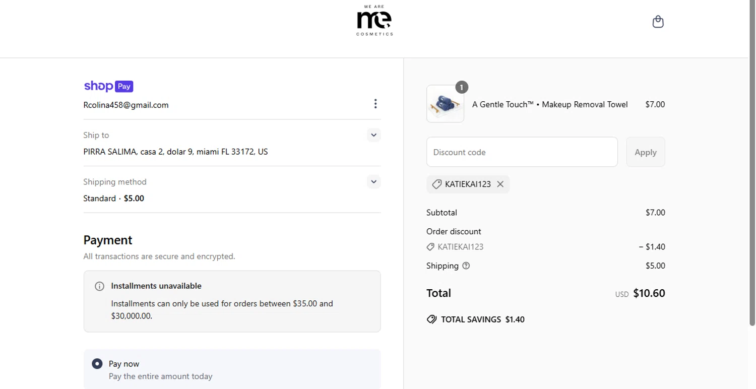 ME Cosmetics promo code screenshot showing code KATIEKAI123 applied at ME Cosmetics checkout page. Uploaded by SimplyCodes community member ScanGenius949 on Jun 25, 2025