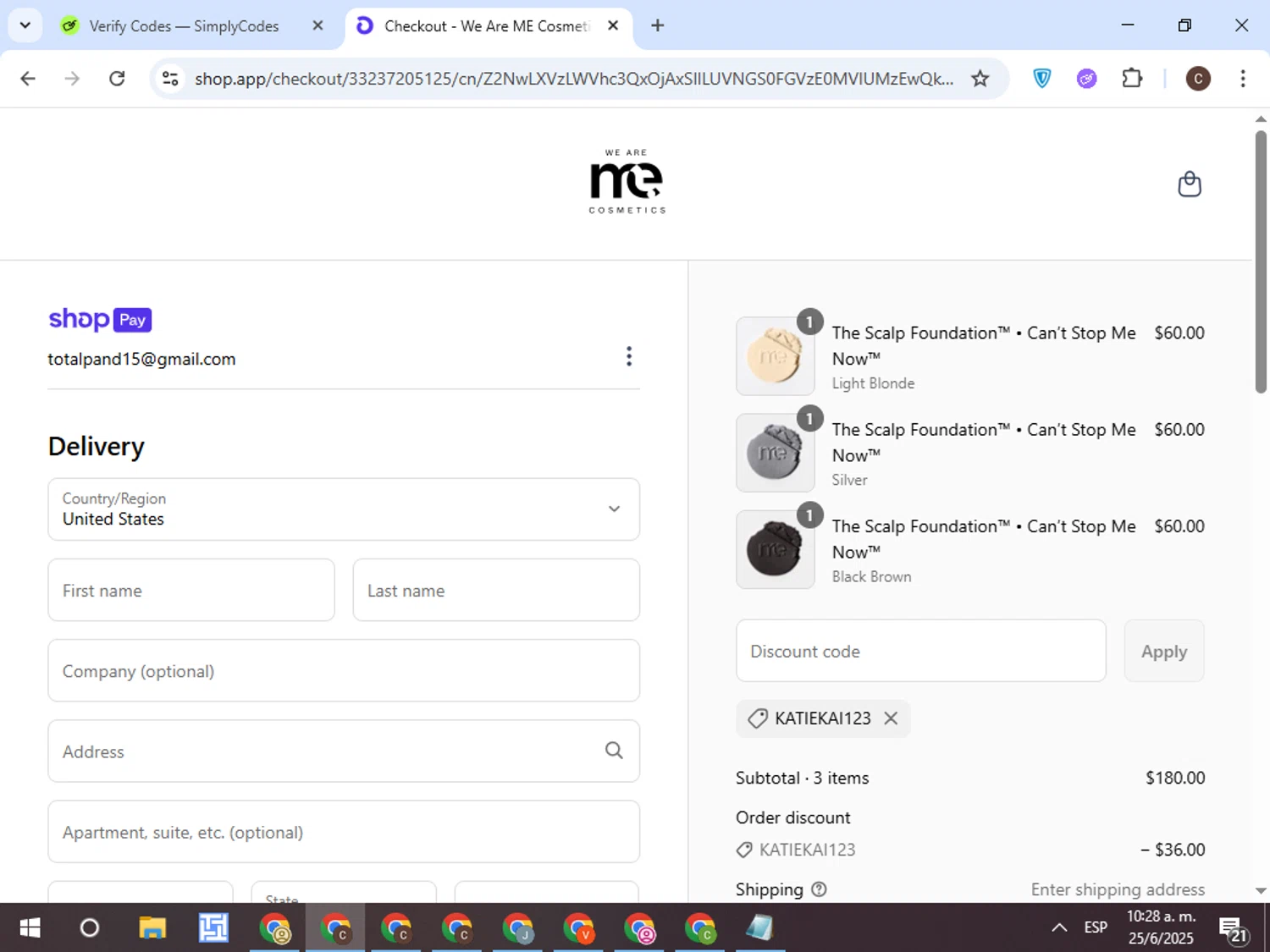ME Cosmetics promo code screenshot showing code KATIEKAI123 applied at ME Cosmetics checkout page. Uploaded by SimplyCodes community member TreasureFox8596 on Jun 25, 2025