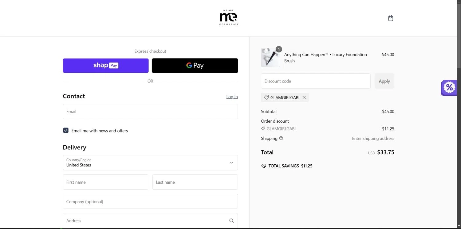 ME Cosmetics promo code screenshot showing code GLAMGIRLGABI applied at ME Cosmetics checkout page. Uploaded by SimplyCodes community member Depressive on Dec 10, 2024