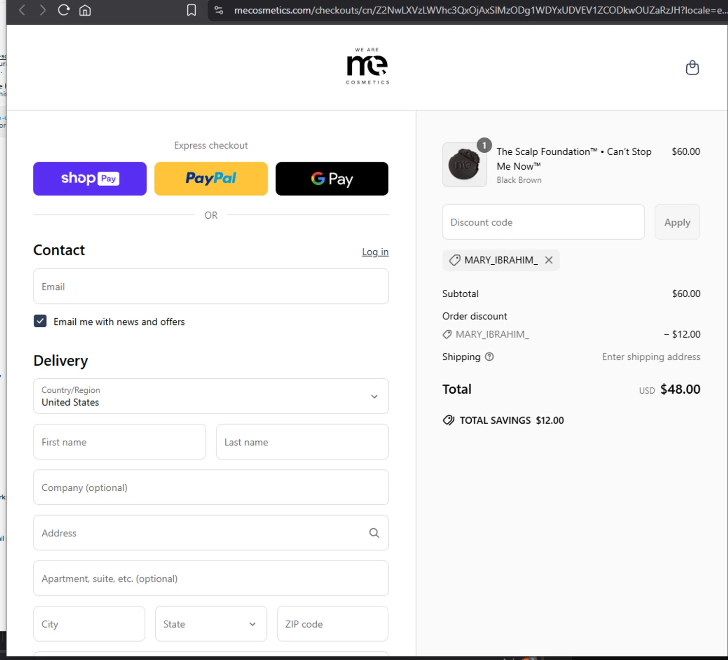 ME Cosmetics promo code screenshot showing code MARY_IBRAHIM_ applied at ME Cosmetics checkout page. Uploaded by SimplyCodes community member Jmhernand1 on Apr 18, 2025
