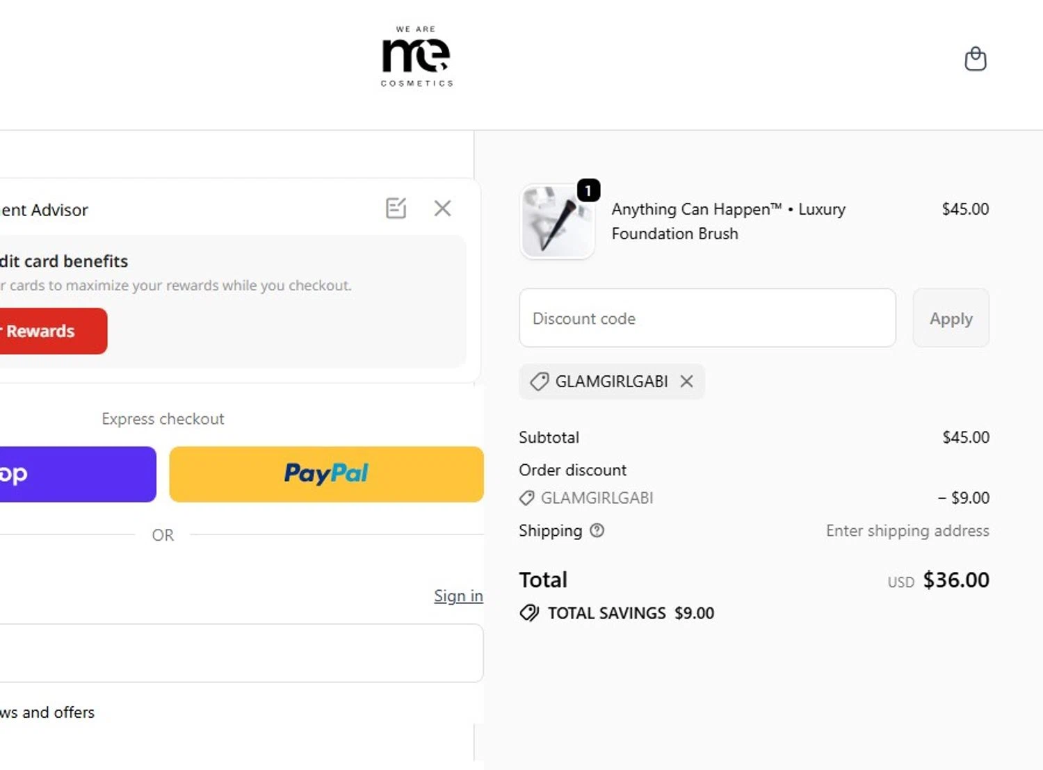 ME Cosmetics promo code screenshot showing code GLAMGIRLGABI applied at ME Cosmetics checkout page. Uploaded by SimplyCodes community member angelfigueroa2008 on Jan 9, 2026