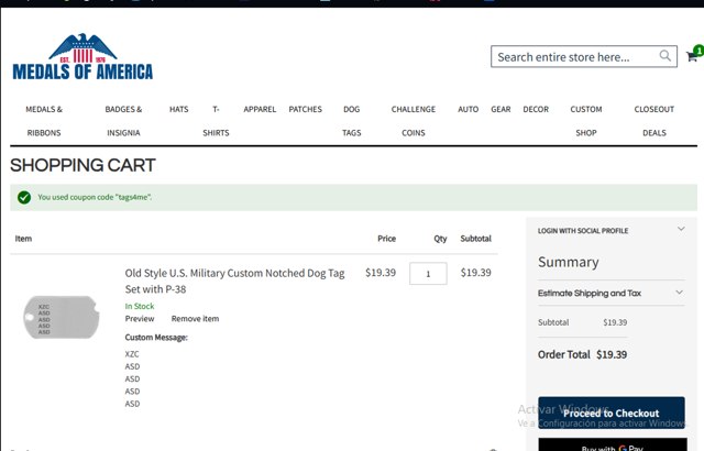 Medals of America checkout page showing Medals of America discount code box | Screenshot taken by SimplyCodes community member on Sep 7, 2025