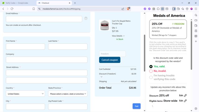 Medals of America checkout page showing Medals of America discount code box | Screenshot taken by SimplyCodes community member on Aug 31, 2025
