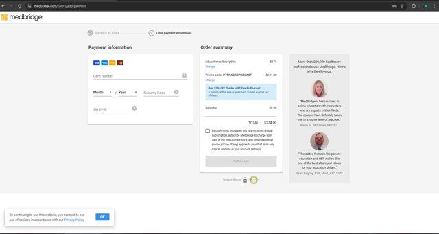 MedBridge checkout page showing MedBridge promo code box | Screenshot taken by SimplyCodes community member on Aug 21, 2025
