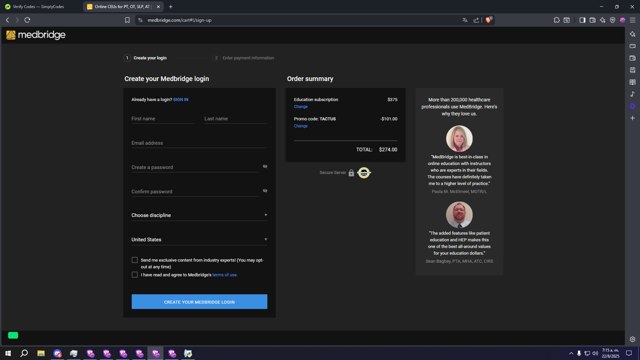 MedBridge checkout page showing MedBridge promo code box | Screenshot taken by SimplyCodes community member on Aug 22, 2025