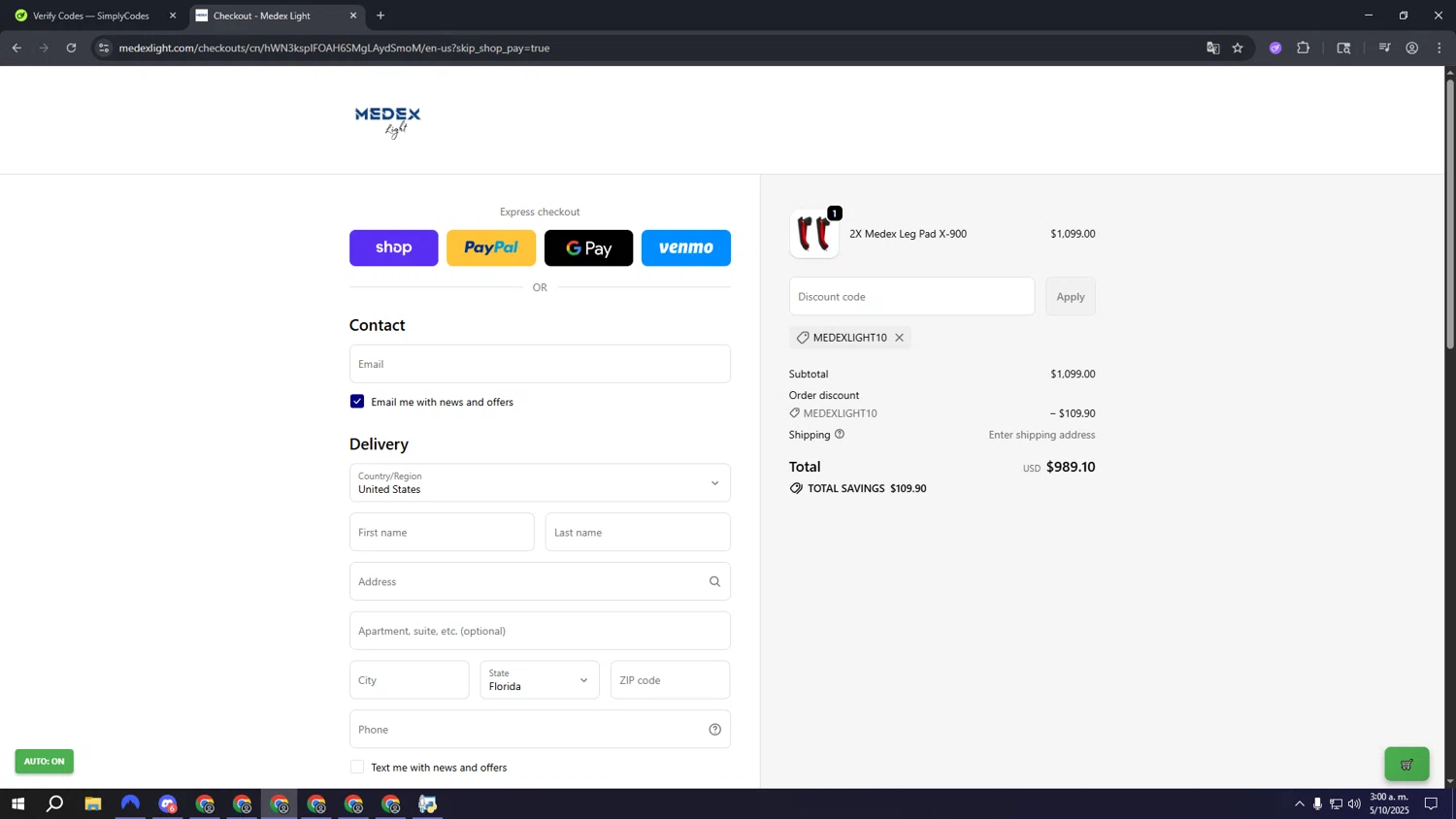 Medex Light promo code screenshot showing code MEDEXLIGHT10 applied at Medex Light checkout page. Uploaded by SimplyCodes community member eeeeeeeeeeeeeeeeeeeeee on Oct 5, 2025