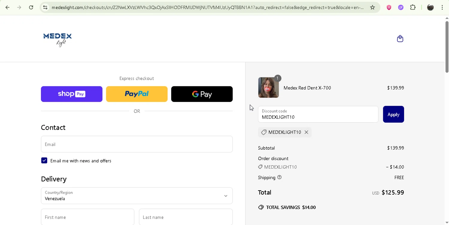 Medex Light promo code screenshot showing code MEDEXLIGHT10 applied at Medex Light checkout page. Uploaded by SimplyCodes community member Jesusvasquezzz on Jun 24, 2025
