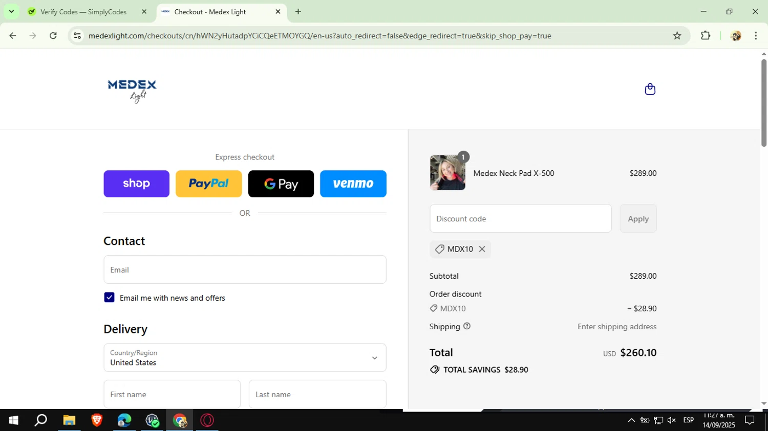 Medex Light promo code screenshot showing code MDX10 applied at Medex Light checkout page. Uploaded by SimplyCodes community member CashExpert3657 on Sep 14, 2025
