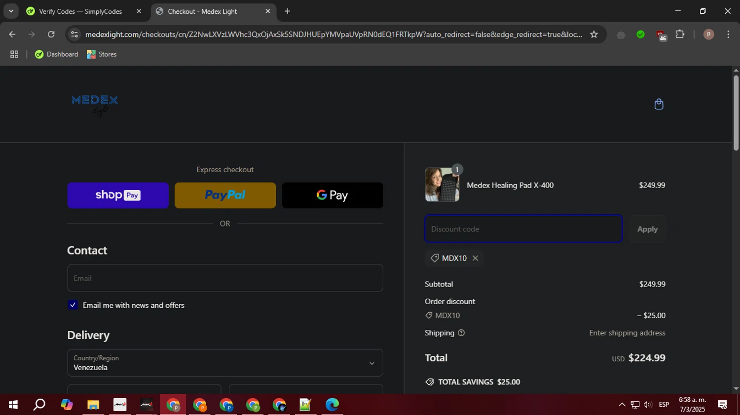 Medex Light promo code screenshot showing code MDX10 applied at Medex Light checkout page. Uploaded by SimplyCodes community member PrimeTiger1163 on Mar 7, 2025