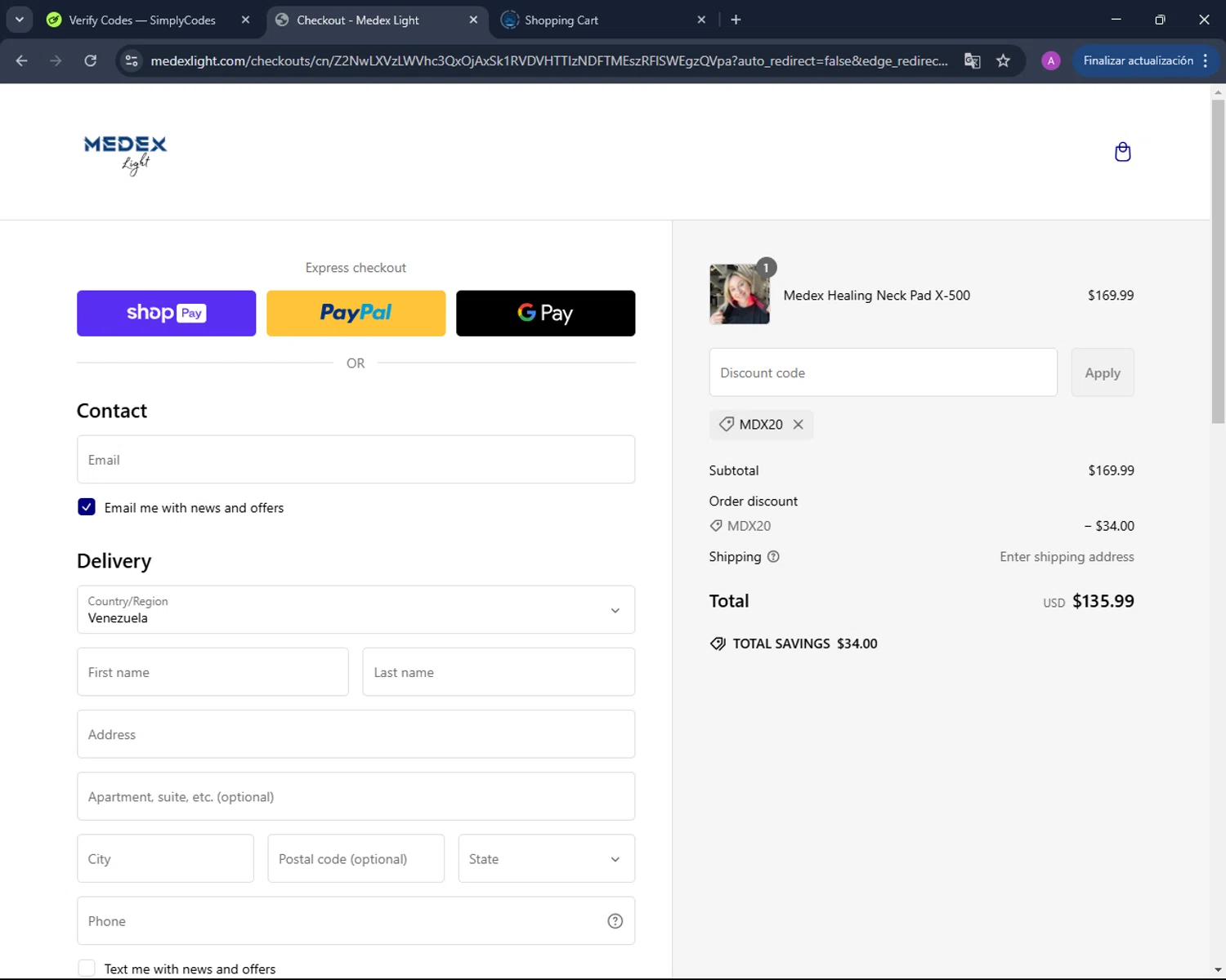 Medex Light promo code screenshot showing code MDX20 applied at Medex Light checkout page. Uploaded by SimplyCodes community member AV2ACG on Feb 22, 2025
