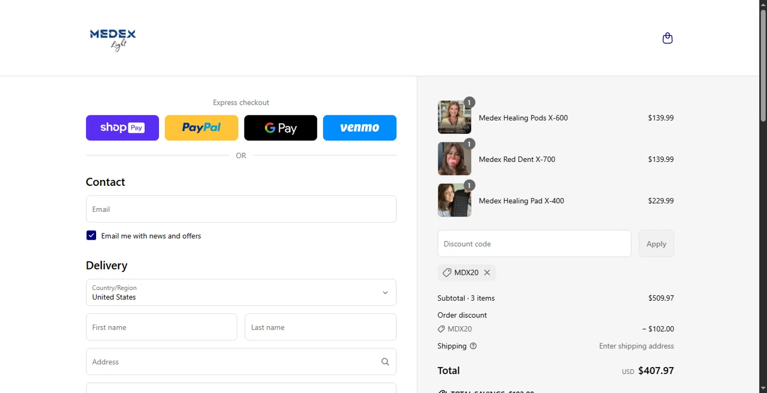 Medex Light promo code screenshot showing code MDX20 applied at Medex Light checkout page. Uploaded by SimplyCodes community member CodeTitan6120 on Jun 3, 2025