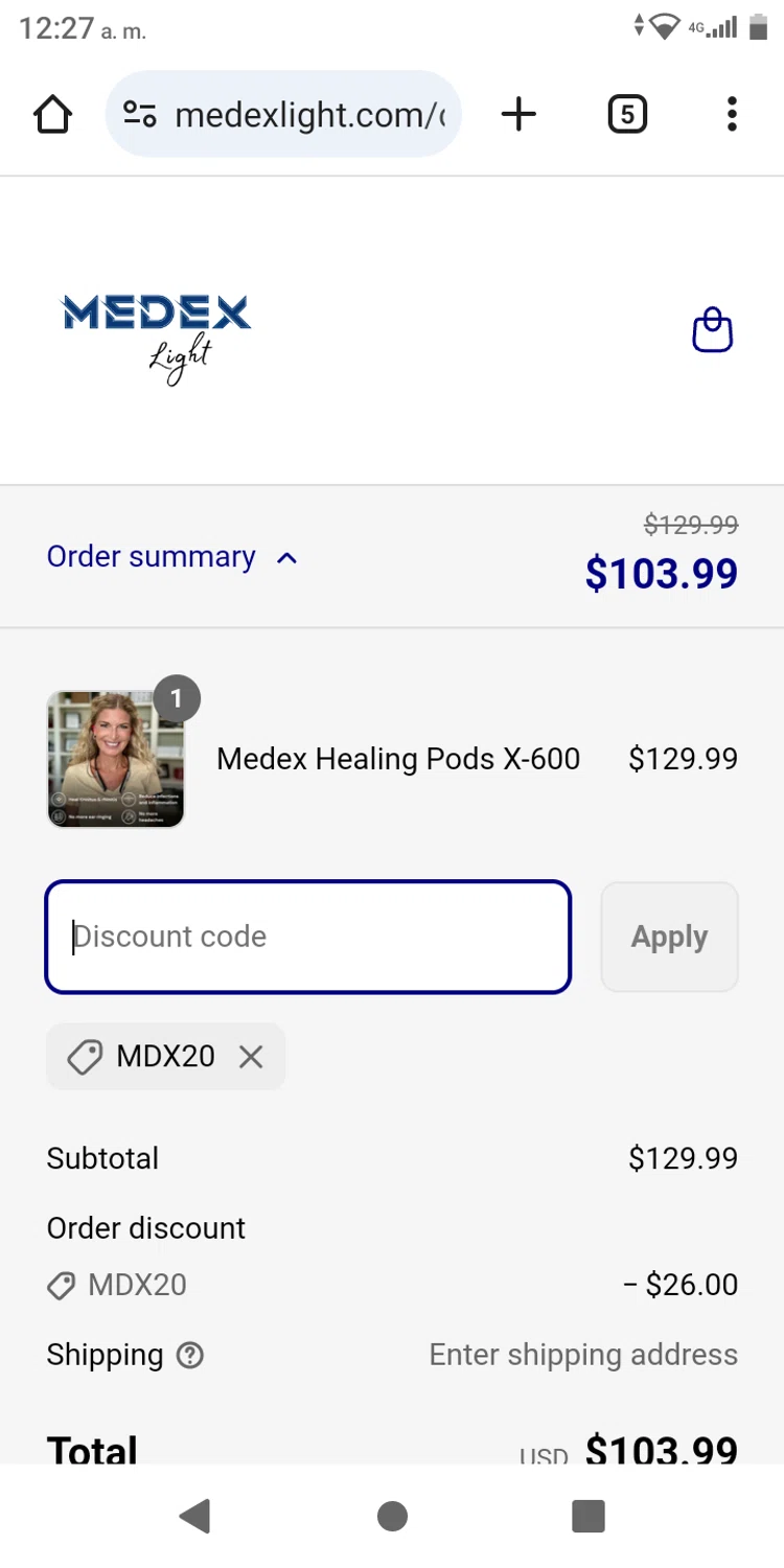 Medex Light promo code screenshot showing code MDX20 applied at Medex Light checkout page. Uploaded by SimplyCodes community member franksanchez on Apr 2, 2025