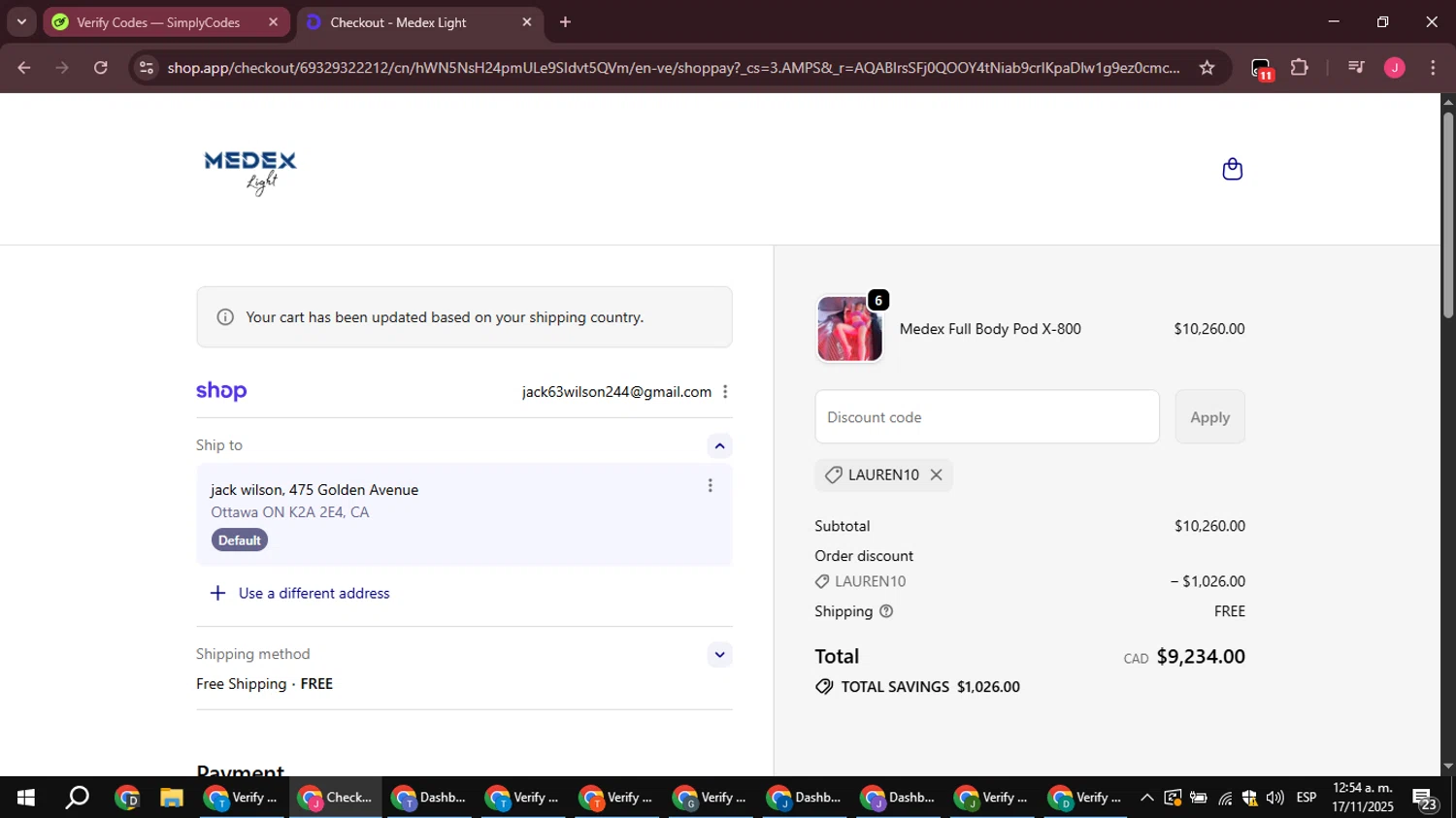 Medex Light promo code screenshot showing code LAUREN10 applied at Medex Light checkout page. Uploaded by SimplyCodes community member JackWilson63 on Nov 17, 2025