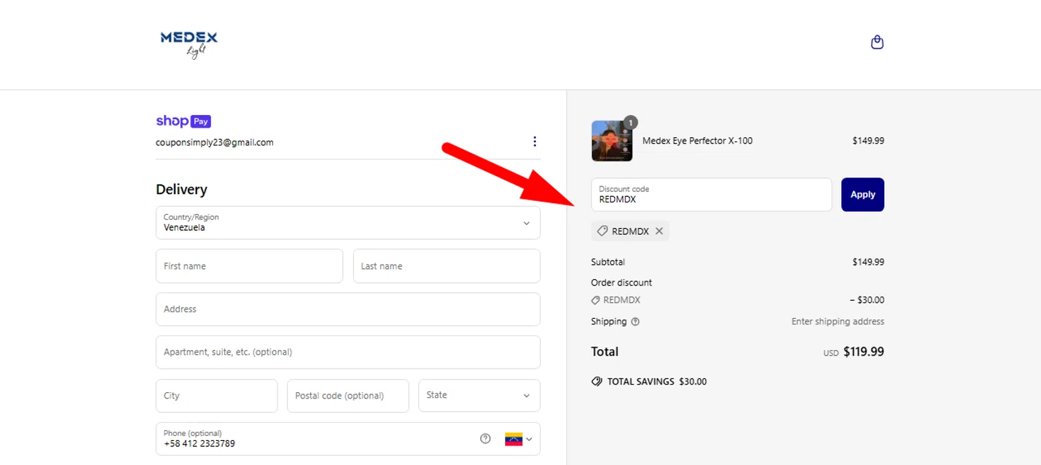 Medex Light promo code screenshot showing code REDMDX applied at Medex Light checkout page. Uploaded by SimplyCodes community member Myrulesmagazine23 on Apr 24, 2025
