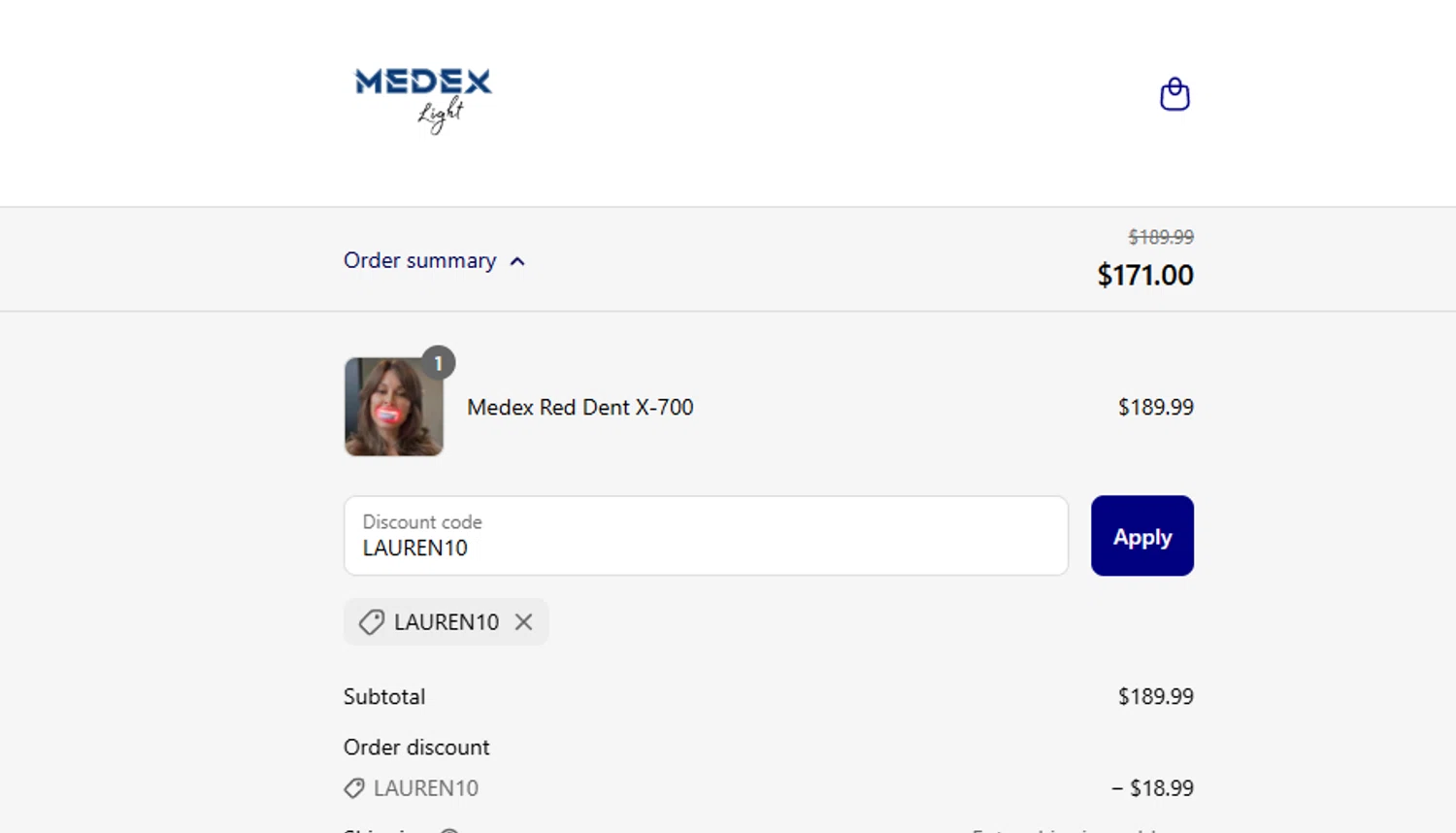 Medex Light promo code screenshot showing code LAUREN10 applied at Medex Light checkout page. Uploaded by SimplyCodes community member ashe1986 on Jul 31, 2025