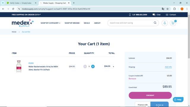 Medex Supply checkout page showing Medex Supply promo code box | Screenshot taken by SimplyCodes community member on Mar 26, 2025