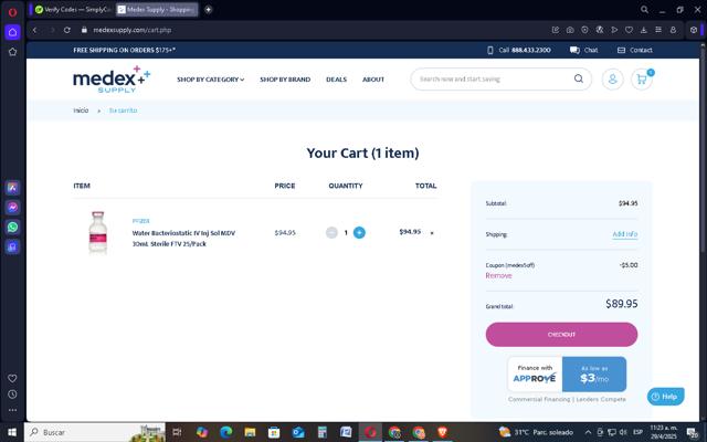 Medex Supply checkout page showing Medex Supply promo code box | Screenshot taken by SimplyCodes community member on Apr 29, 2025