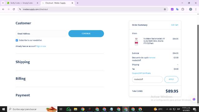 Medex Supply checkout page showing Medex Supply promo code box | Screenshot taken by SimplyCodes community member on May 6, 2025