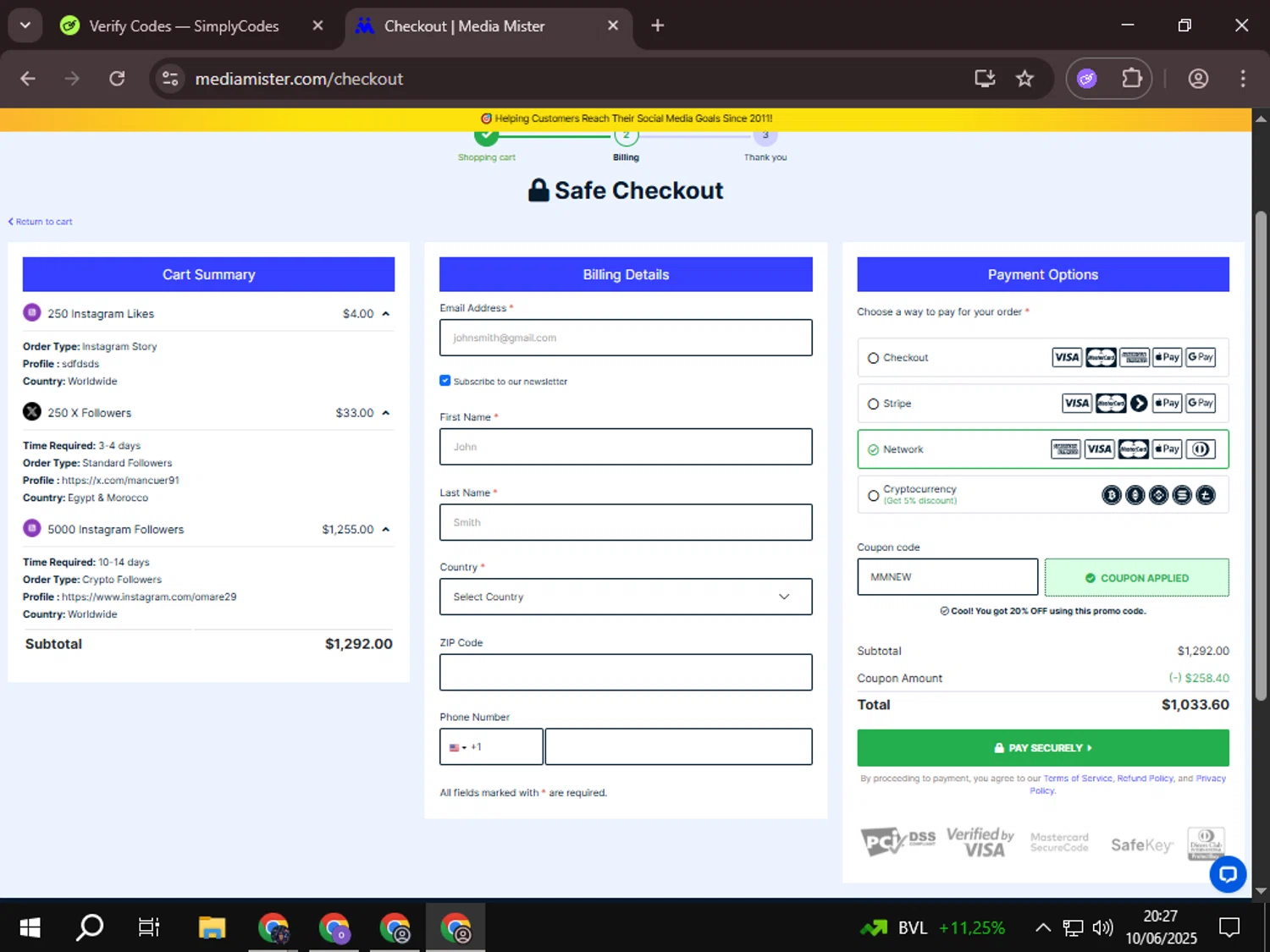 Media Mister coupon code screenshot showing code MMNEW applied at Media Mister checkout page. Uploaded by SimplyCodes community member omarelpollo on Jun 11, 2025