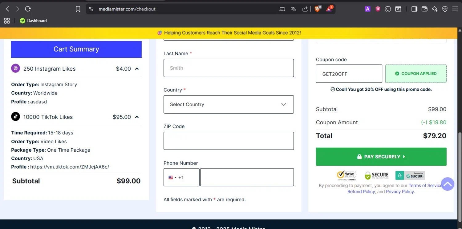 Media Mister coupon code screenshot showing code GET20OFF applied at Media Mister checkout page. Uploaded by SimplyCodes community member ROCKSORD_2 on Dec 13, 2025